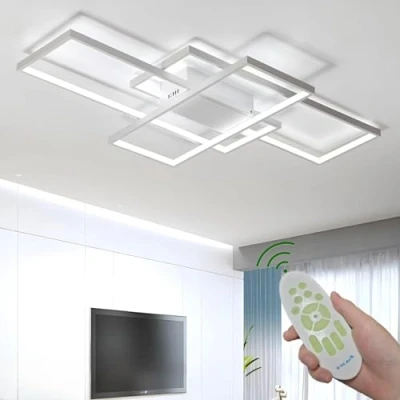 Immagine di Plafoniera A LED Soggiorno Dimmerabile Soffitto Lamp Moderno Quadrato Designer Lampada Sospensione Con Telecomando Cucina Sala Da Pranzo Ufficio Scala Lampadari,Bianca,90x50x6.5cm