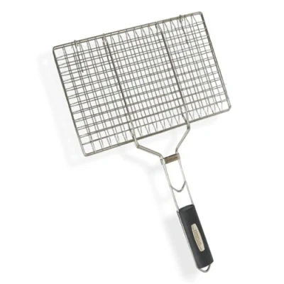 Immagine di Amig Griglia per Barbecue Fireplus Doppia Grigliare Acciaio Inossidabile Manico in Gomma Antiscivolo e Chiusura di Sicurezza Misure: 32 x 21,5 cm