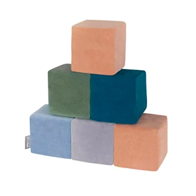 Immagine di KiddyMoon Blocchi di Schiuma Velluto Colorato 6 Pezzi per Bambini 14Cm, Cubi: Laguna Turchese/Verde del Bosco/Rosa Deserto/Blu Ghiaccio/Grigio dei Monti