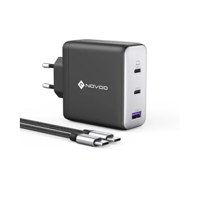 Immagine di NOVOO Caricabatterie USB C da 120W con 2 cavi PD 100W Type C, Caricatore compatto PPS GaN III a 3 porte, per MacBook Pro 14&#039;&#039;, Dell XPS 13, iPad Pro, iPhone 15, Galaxy S23, Note 20, Apple Watch