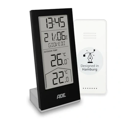 Immagine di ADE Stazione meteo digitale con sensore esterno termometro per temperatura interna ed esterna orologio e calendario radiocontrollato giorno della settimana batterie incluse nero