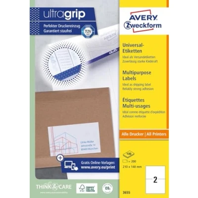 Immagine di Avery Zweckform 3655 Etichetta universale 210 x 148 mm Carta Bianco 200 pz. a tenuta permanente Stampante getto dinchiostro, laser, laser