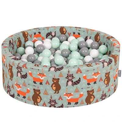 Immagine di KiddyMoon 90X30cm/300 Palline ∅ 7CM Piscina di Colorate per Bambini Tondo Fabbricato in EU, Volpe Verde: Bianco/Grigio/Menta