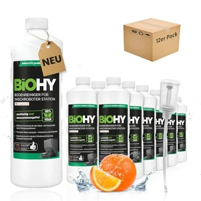 Immagine di BiOHY detergente per pavimenti robot, stazione con profumo arancione (12 x 1 litro) + dosatore, concentrato tutti i robot pulitore e aspirapolvere funzione bagnata, braccio di