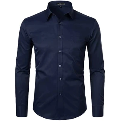 Immagine di PARKLEES Camicia da uomo a maniche lunghe tinta unita slim fit casual business formale abbottonatura camicie con tasca, Micro Twilled Navy, XXL