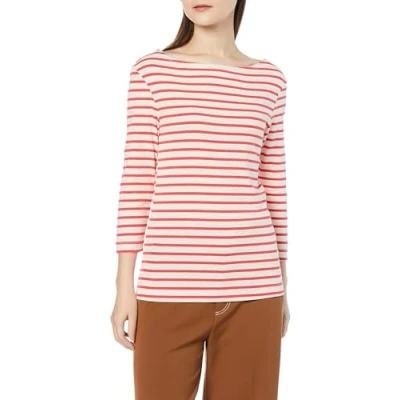 Immagine di Amazon Essentials T Shirt con Scollo a Barchetta in Tinta Unita Manica 3/4 e vestibilità Aderente Donna, Arancio Corallo Bianco Sporco Righe, XS