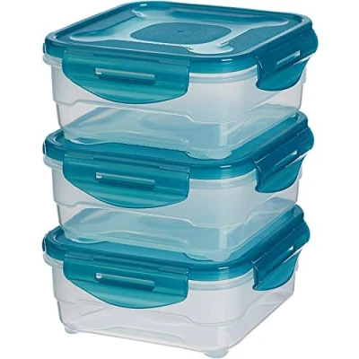 Immagine di Amazon Basics, Set di 3 contenitori ermetici per alimenti da 0.8 litri, con coperchio, in plastica senza BPA, adatti frigorifero, congelatore, microonde e lavastoviglie, trasparenti