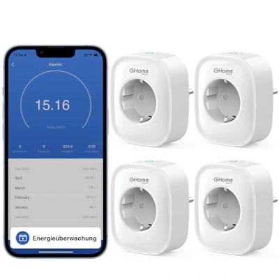 Immagine di GHome Prese Smart WiFi da 16 A, Confezione 4, funziona con Alexa Google Home, misurazione del consumo, timer per il controllo vocale, SOLO su 2,4 GHz. 230 V 50/60 Hz 20 45C, Bianco
