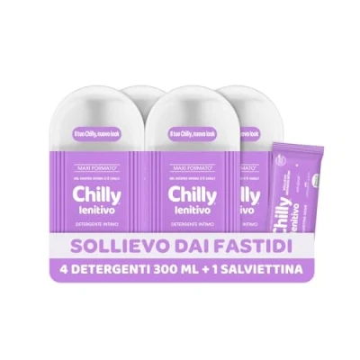 Immagine di Chilly, Detergente Intimo Lenitivo, Sollievo dai piccoli fastidi intimi, con Anti Odor, Per L&#039;Igiene Intima, Bisabololo dalle proprietà Dermocalmanti, pH 5, Clinicamente Testato, 4 Pezzi da 300 ml