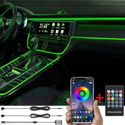 Immagine di TABEN Kit Luce Ambientale per Auto 3 m Fibra Ottica 64 Colori Telecomando RF + Controllo App Fai da Te RGB Multicolor Suono Sincronizzazione Musicale USB Illuminazione Interna