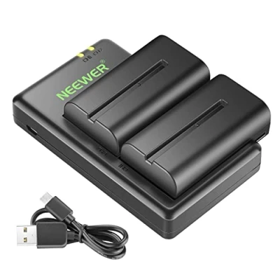 Immagine di Neewer Set di Batterie &amp; Caricatore NP F550 Compatibile con Sony F970 F750 F770 F960 F530 F330 F570 CCD SC55 TR516 TR716 TR818 TR910 TR917, Luci LED Monitor Slider (2pz, Nero)