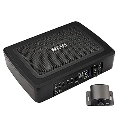 Immagine di ISUDAR Subwoofer Slim Max 600W da 9 pollici con alimentazione attiva audio per auto sottosedile Amplificatore integrato auto/camion telecomando Livelli di ingresso bassi e alti, Nero