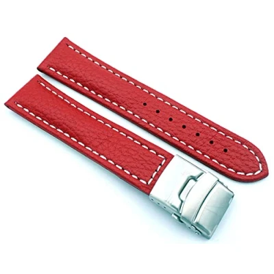 Immagine di Sulla Cinturino per orologio in vera pelle con fibbia deployante acciaio inox, cuciture bianche, Colore: rosso, 22mm, cinghia