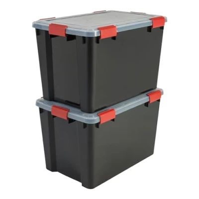 Immagine di Iris Ohyama, Scatole Portaoggetti Ermetiche in Plastica, 70L, Set di 2, Nero, Coperchio Impermeabile, con Chiusura, Impilabile, Per Esterni, Garage, Vestiti, Antipolvere, Senza BPA, AT LD