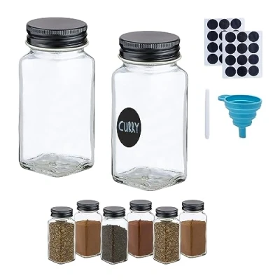 Immagine di Relaxdays Barattoli Spezie, Set di 8 Vasetti Vetro 120 ml, Contenitori con Coperchio in Acciaio, Etichette e Imbuto, Trasparente Nero, 120ml