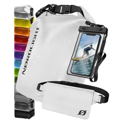 Immagine di Nordlight Dry Bag Sacca Impermeabile con Custodia Per Cellulare e Marsupio (20L, Bianco) Zaino, Stagna Borsa Spiaggia, Canoa, Stand Up Paddling, Immersioni
