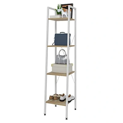 Immagine di eSituro Scaffale Libreria a Scala Porta oggetti in Acciaio Legno 4 Ripiani Design Industriale Scaffalatura Multifunzionale per Cucina Soggiorno Bianco+Rovere Chiaro SSTR0041