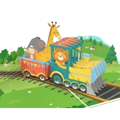 Immagine di MOKIO® Biglietto Auguri Pop Up Locomotiva a vapore con animali regalo 3D per un compleanno, d&#039;auguri ragazze e ragazzi