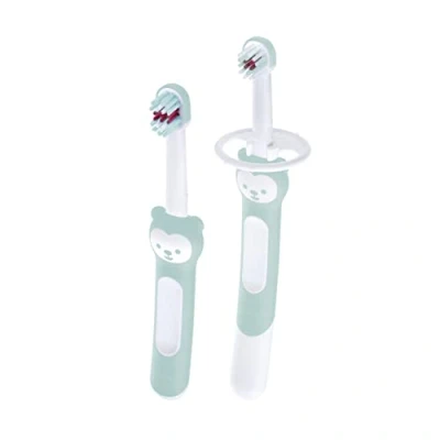 Immagine di MAM Learn to Brush Set spazzolino da denti per bambini con manico lungo tenere insieme, allena a lavarsi i denti, partire dai 5 mesi in su, turchese, 1 pezzo
