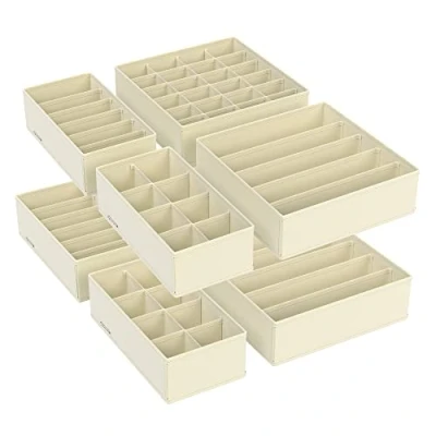 Immagine di SONGMICS Set di 8 Divisori per Cassetti, Organizzatori Biancheria Intima Pieghevole, Reggiseni Mutande Calzini Cravatte, Scatole Portaoggetti in Tessuto Armadio, Beige RUS008M01