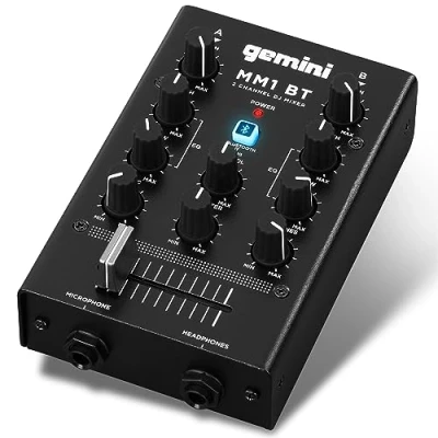 Immagine di Gemini Sound MM1BT Bluetooth a 2 Canali Dual MIC Input Stereo Band Rotary Compact DJ Podcast Mixer con Crossfader e Controllo Individuale di Guadagno