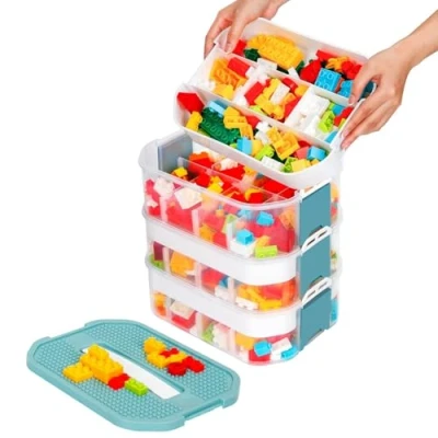 Immagine di Scatole Plastica con Coperchio per Lego Contenitori Impilabili Costruzioni Mattoncini Contenitore Scatola Scomparti Porta Giochi Bambini Portaoggetti Trasparenti 3 Strati Organizer Puzzle Portatile