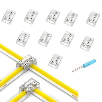 Immagine di YUTOKEER connettore per striscia LED a 2 poli, 10 mm, senza saldatura, adatto strisce SMD 5050 3528, forma di L e angolare T, design trasparente, con cacciavite incluso