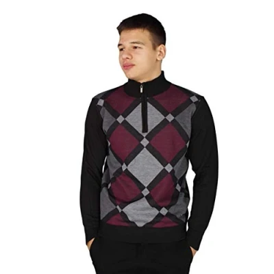 Immagine di Pierre Cardin Uomo Maglione Lavorato a Maglia Modello Argyle Collo Alto con Cerniera (Style 1 Burgundy, 4XL)