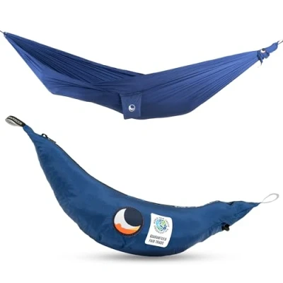 Immagine di Ticket to the Moon Amaca Compact, commercio Equo &amp; Fatta a mano, leggera BLU REALE per viaggi, campeggio e uso quotidiano, 3.2 * 1.55m, solo 480g, nylon paracadute in seta, Si monta &lt; 1 min.