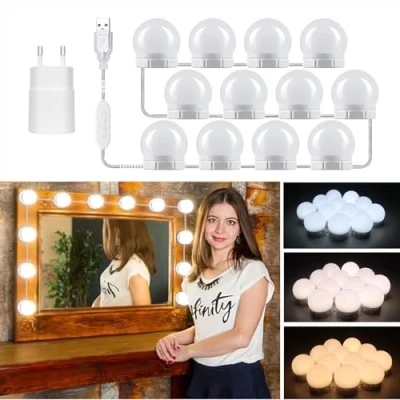 Immagine di Luci da Specchio Hollywood 12 Lampadine con Adattatore, Cavo USB Regolabile, 3 Colori e 10 Intensità, Make Up Adesive per Trucco, a LED Cornice