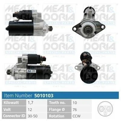 Immagine di MEAT &amp; DORIA 5010103 Motorino di avviamento 12V 1,7KW 10 30 50 76mm
