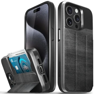 Immagine di VENA vCommute Custodia a portafoglio per Apple iPhone 15 Pro (6,1 pollici), in pelle di grado militare, con scomparto carte credito e supporto, colore grigio siderale/nero ardesia