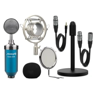 Immagine di Audibax Dublin 3000 Blu Microfono a Condensatore da Studio Include Supporti, Anti pop e Cavi Risposta in Frequenza 40 Hz/20 KHz con Diagramma Polare Cardioide Colore