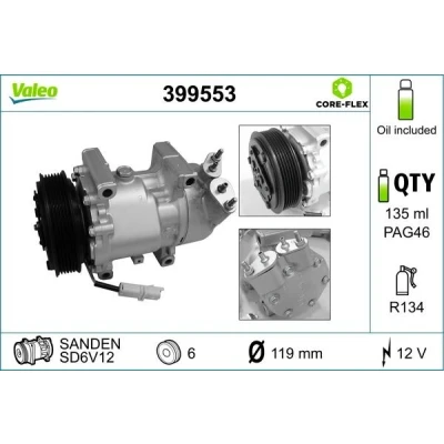 Immagine di VALEO 399553 compressore Aria Condizionata SD6V12 12 PAG 46 R 134a con olio PEUGEOT: 206 Hatchback, 307 SW, Hatchback