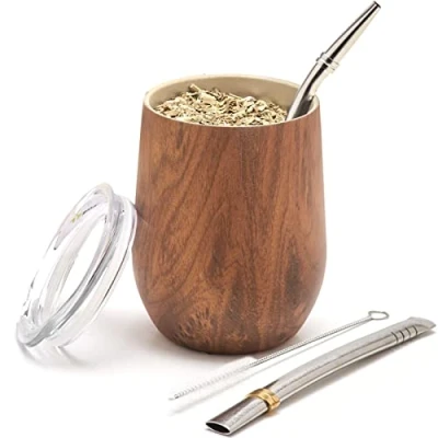 Immagine di BALIBETOV Mate Argentino Set Yerba (Tazza Mate) Acciaio Inossidabile 18/8 a Doppia Parete Include Due Bombilla e Una Spazzola per la Pulizia (LEGNA, 235 ml)
