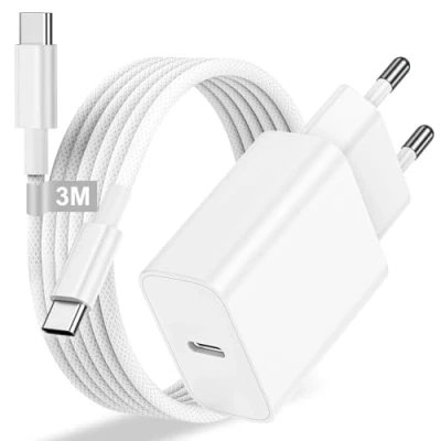 Immagine di Caricatore per iPhone 16/16 Pro/16 Pro Max/16 Plus/15/15 Pro/15 Max/15 Plus/iPad Pro/iPad Air, 25W Caricabatterie USBC Ricarica Rapida Alimentatore Presa USB C con 3M Cavo