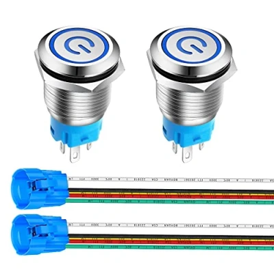 Immagine di Gebildet 16mm Interruttori a Pulsante ad Aggancio in Acciaio Inossidabile, 3V 5V 6V 7.5V 9V/3A LED 1NO1NC SPDT ON/OFF Interruttore Levetta Impermeabile con Spina Filo (LED Blu)