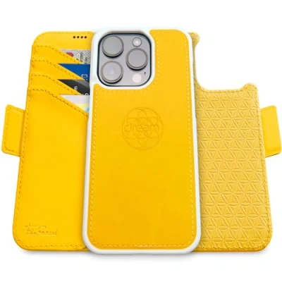 Immagine di dreem Fibonacci compatibile con iPhone 16 Pro Max custodia a portafoglio/custodia antiurto 2 in 1 e folio pelle vegana staccabile, MagSafe, protezione RFID [Giallo]