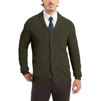 Immagine di Kallspin Maglione da Uomo Cardigan con Collo a Scialle Bottone e Tasche in Lana(Verde, M)
