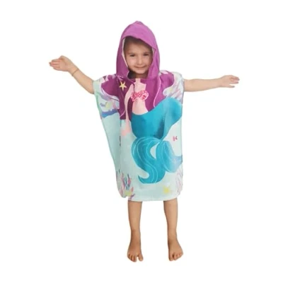Immagine di Theonoi Poncho da bagno per bambini, con cappuccio/accappatoio, asciugamano doccia, telo bagno, cappuccio, ragazzi e ragazze, 100% cotone (sirena)