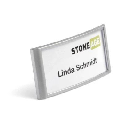 Immagine di Durable 854323 Portanome con combi clip, spilla e clip a coccodrillo, cornice effetto alluminio, 34x74 mm, argento metallizzato, confezione da 10 pezzi