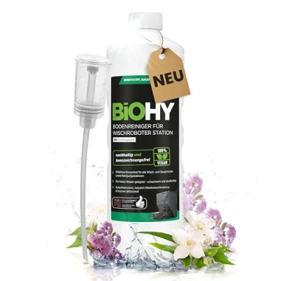 Immagine di BiOHY detergente per pavimenti robot, stazione con profumo primaverile (flacone da 1 litro) + dosatore, concentrato tutti i robot pulitore e aspirapolvere funzione bagnata,