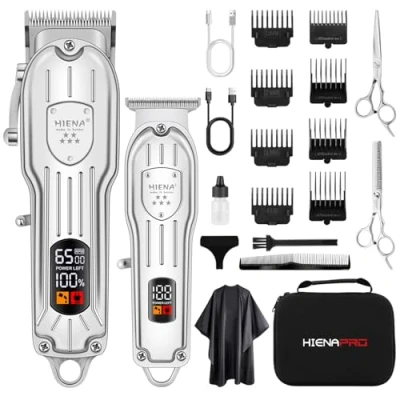 Immagine di HIENA PRO Set di tagliacapelli professionali da uomo, senza fili, con lama a T, kit elettrico per tagliare i capelli, ricaricabile tramite USB, barbieri display LED (argento)