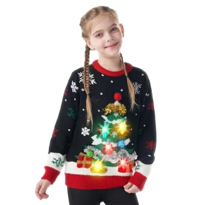 Immagine di Giggling Getup brutto maglione natalizio per bambini con illuminazione a LED albero di Natale bambini, Nero , 10 12 anni