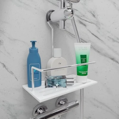 Immagine di KOVVN Mensola da doccia appendere senza foratura, portaoggetti bagno, gancio regolabile, supporto in acciaio inossidabile per gel e shampoo bianco