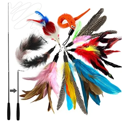Immagine di onebarleycorn Giochi con piume per Gatto,9 Pezzi Gatti,1 Bacchetta Interattiva Retrattabile 8 Piuma Ricariche, Giocattoli Interattivo Gatti,cannetta bird interattivi gatto