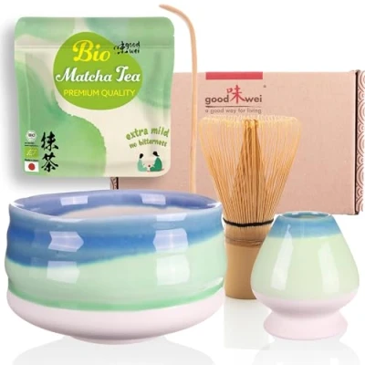 Immagine di Goodwei Set di Matcha Completo Tazza Cerimoniale con frusta e cucchiaio incl. Tè Biologico Giapponese (Sumi)