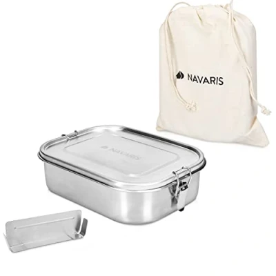 Immagine di Navaris Lunch Box Porta Pranzo Acciaio Inox 1400ml Portapranzo 1x Divisore 2X Scomparti Alimenti Riscaldabile Ermetico Borsa Inclusa