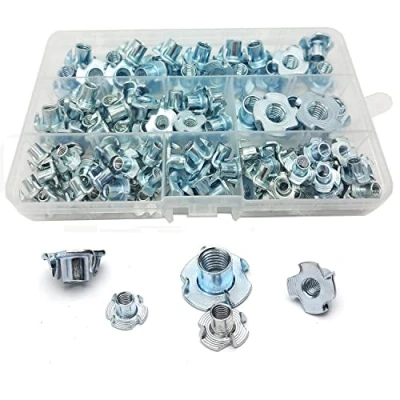 Immagine di WeqeYent 115 Pezzi Kit Dadi a T, Guida M4 M5 M6 M8 M10, Acciaio Carbonio Zincato 4 Denti Ideale, Filettati, Inserti Dado per Mobili Artigiani Legno