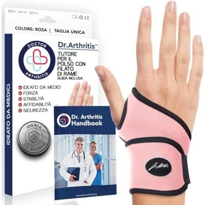 Immagine di Tutore Polso con Rivestimento in Rame Ideato da Medici Sinistro e Destro per Tunnel Carpale Fascia di Supporto Chiusura a Strappo (Taglia Unica, Confezione Singola, Rosa)